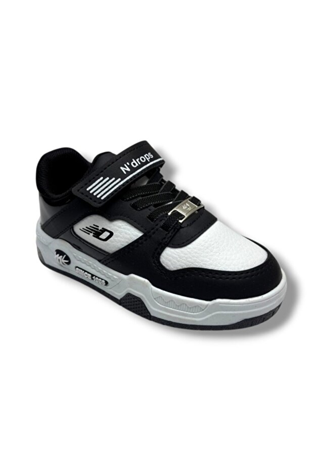 Ndrops 012-26 Leather Velcro Strap Children's Sneaker Black White 26-30