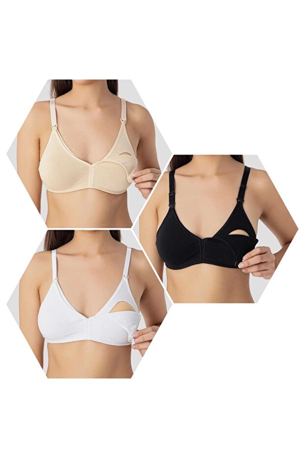 Women's Cotton 3-Pack Nursing Bra (Black-White-Skin)