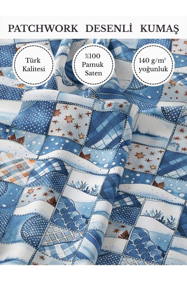 100% Cotton Satin Patchwork Fabric – 155X100 cm – Blue Winter Squares Patterned