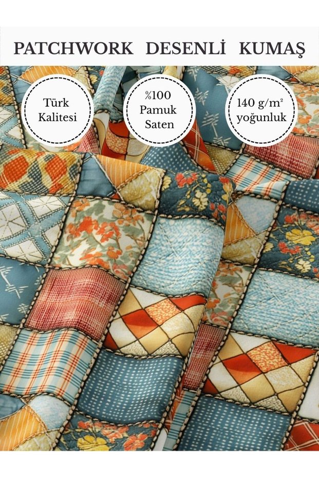 100% Cotton Satin Patchwork Fabric – 155X100 cm – Turquoise Orange Beige Geometric Square Pattern