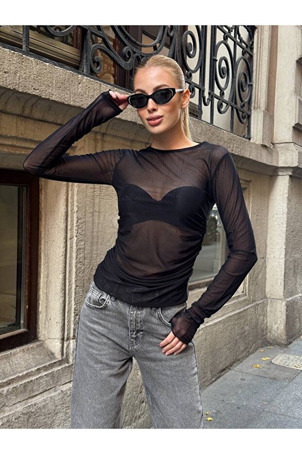 Siyah Şeffaf Tül Bluz - 5