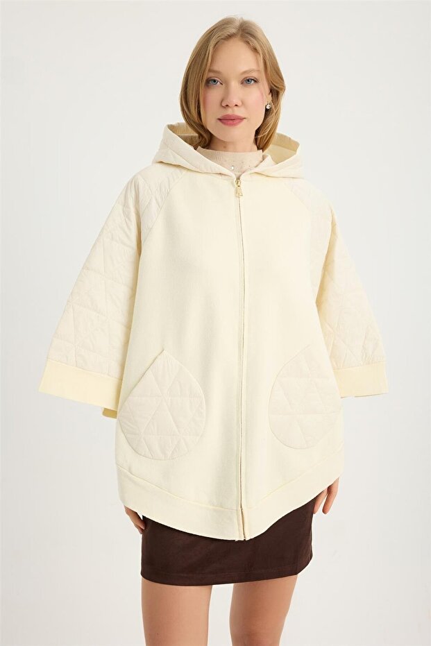 Triko Cepli Kapşonlu Panço - 1