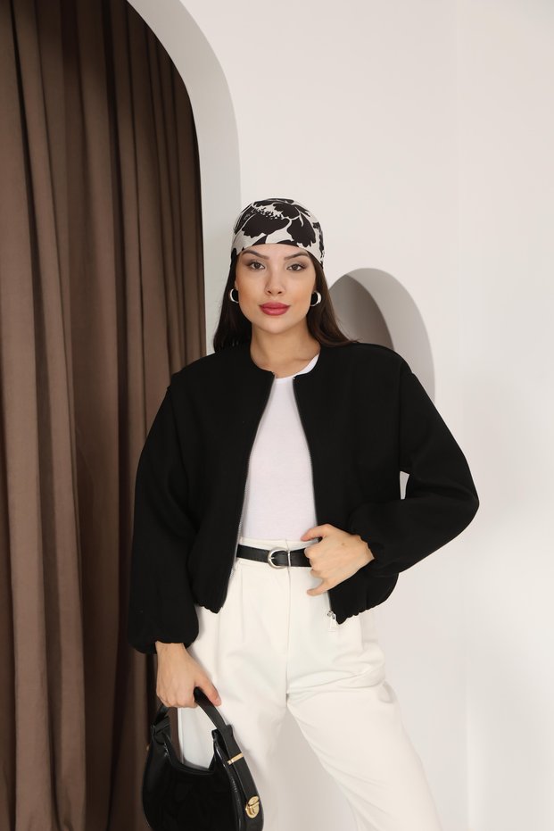 Women's New Season Trend Balloon Sleeve Elastic Bitter Brown Cashmere Bomber Jacket