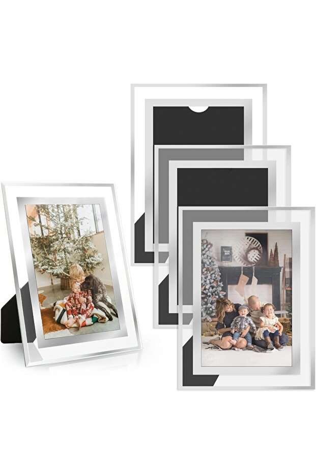 4-Pack 6x4 Glass Photo Frames, Silver Mirrored Rectangular, Tabletop (Horizontal/Vertical)