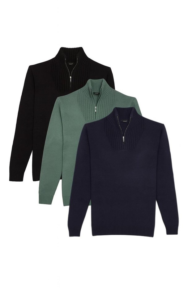 Men's 3-pack black-green-navy Slim Fit slim fit zip-up Mock Neck knit sweater