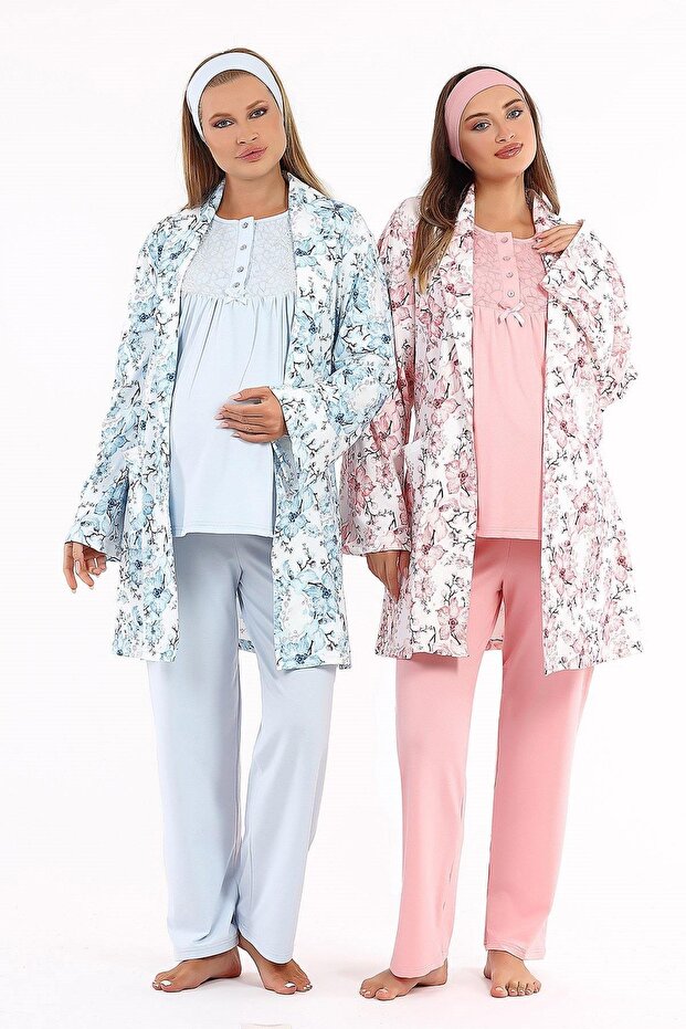 Bh 4218 floral print maternity 3-piece robe pajama set