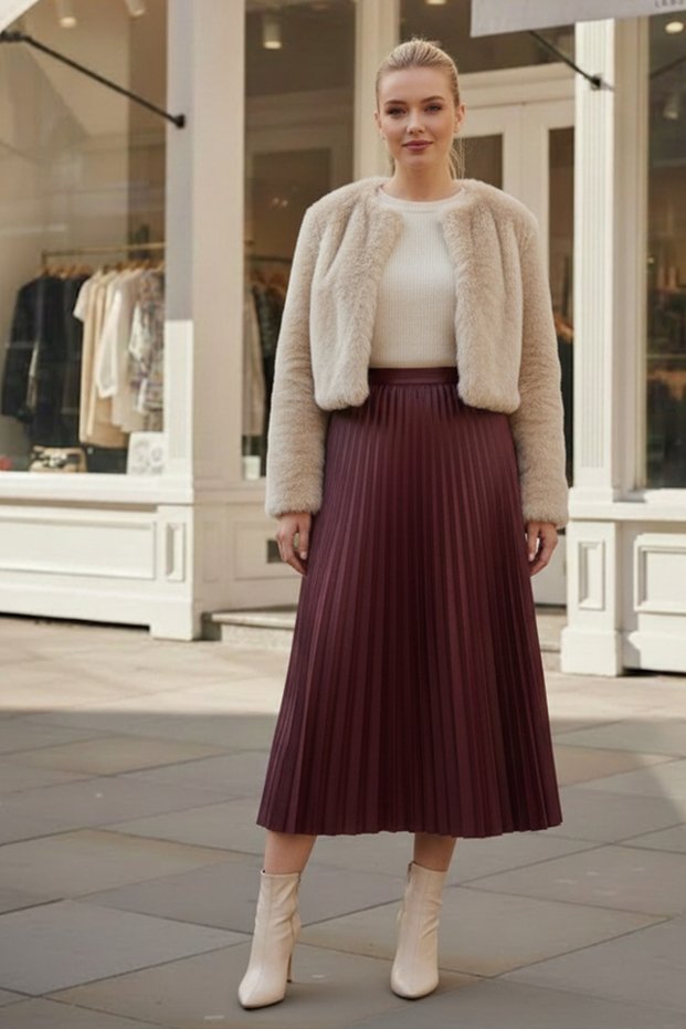 Burgundy Skirt Pleated Elastic Waist Casual Faux Leather Long Woven Skirt 95 60