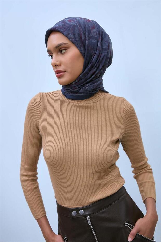 Viscose Velora Scarf Navy Blue-Smoked-Burgundy Patterned Non-Slip Textured Tok Duruşlu 90X90