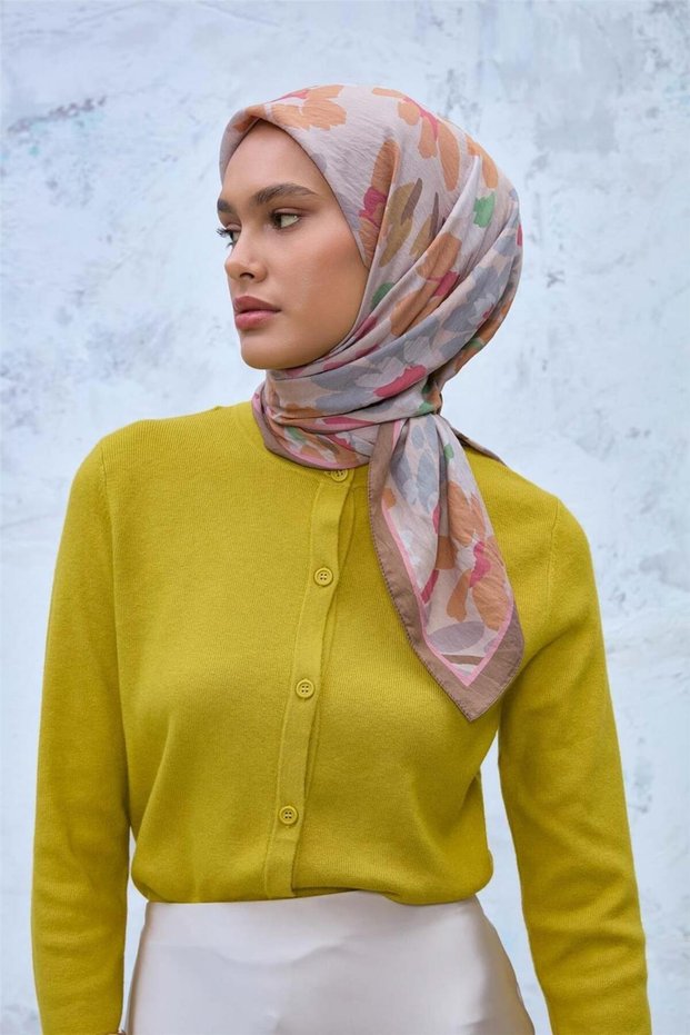 Viscose Velora Blended Scarf Milky Brown-Beige Multi-Colored Patterned Tok Duruşlu 90X90