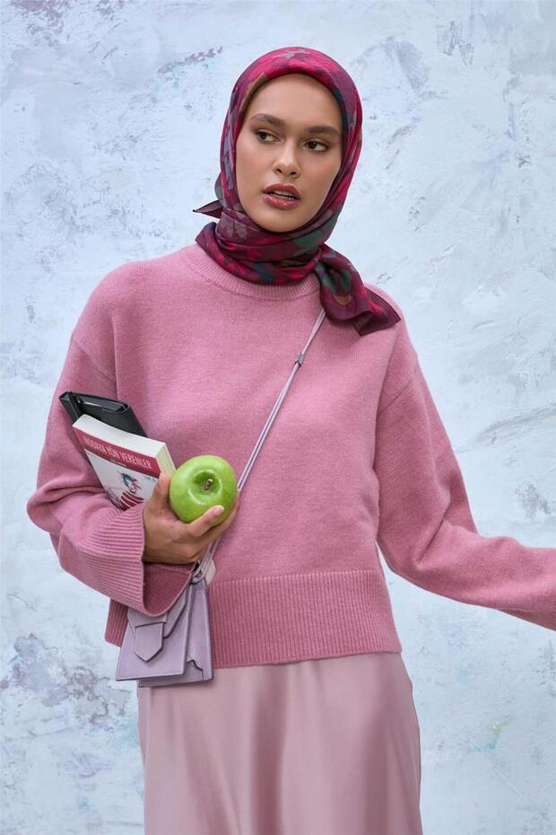 Viscose Velora Scarf Plum-Strawberry Red-Green Patterned Non-Slip Textured Tok Duruşlu 90X90