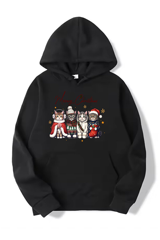 New Year Christmas Cat Printed Ka Hooded Black Sweatshirt