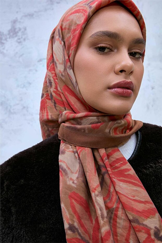 Viscose Velora Scarf Oxide Brown-Milky Brown Toned Patterned Anti-Slip 90X90