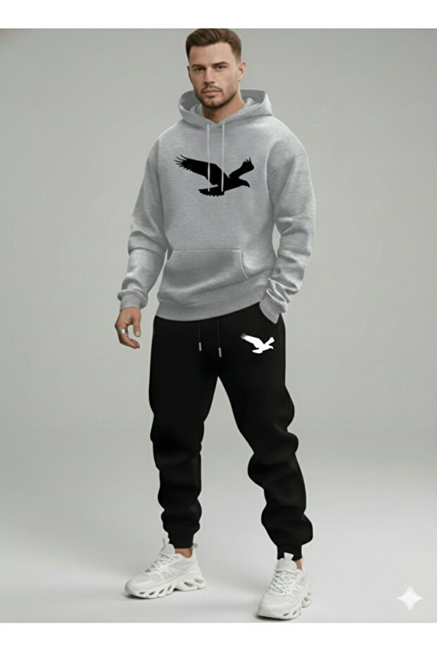 Men's Eagle Printed Hooded Tracksuit Set - Top and Bottom Set
