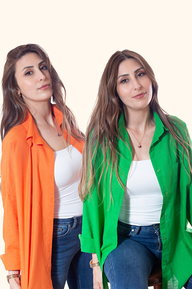 Women's Oversized Cotton Linen Orange - Green Shirt