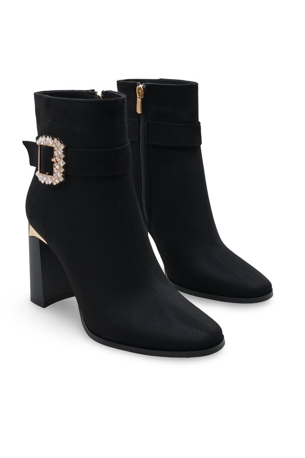 Women's Black Suede Square Toe 9.5 cm Heeled Boots – Stylish and Modern Posture with an Elegant Buckle Design.