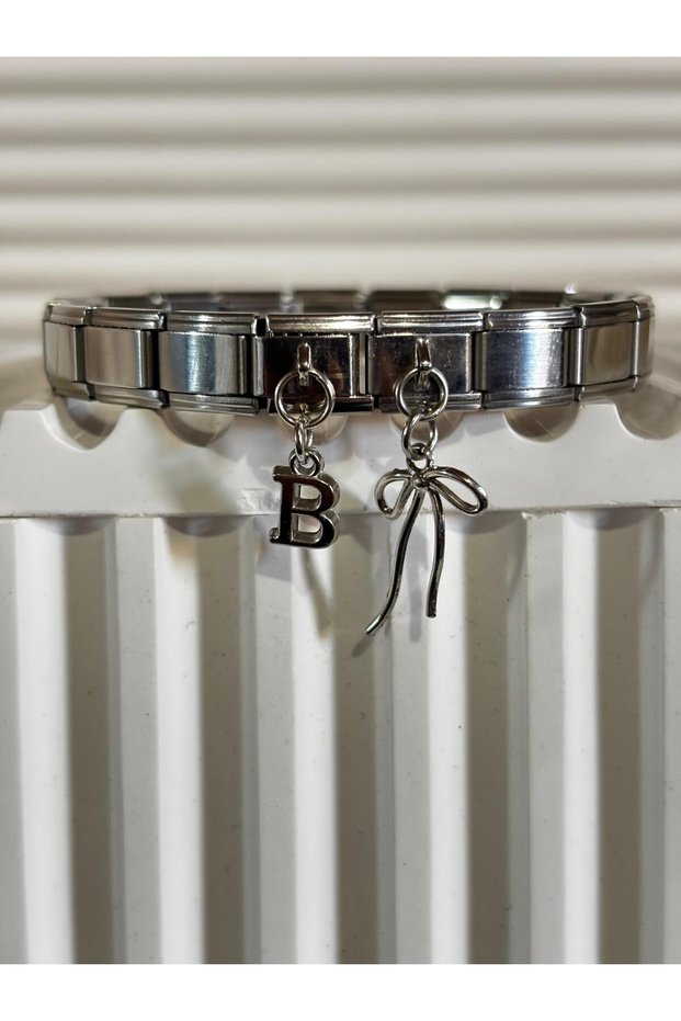 Steel Italian Bracelet with Letter B Ribbon Charm