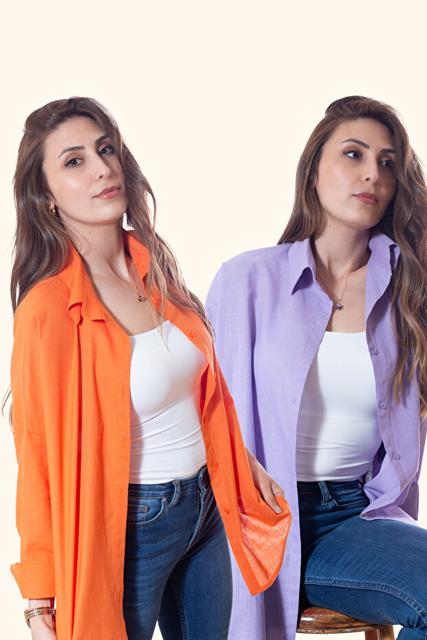 Women's Oversized Cotton Linen Orange - Lilac Shirt