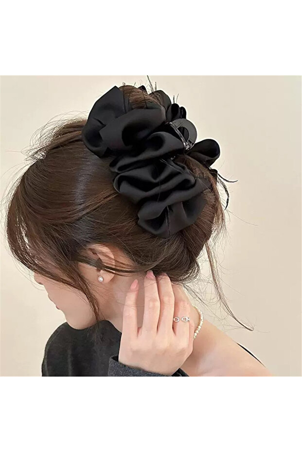 Black Satin Fabric Feathered Large Flower Clasp Buckle