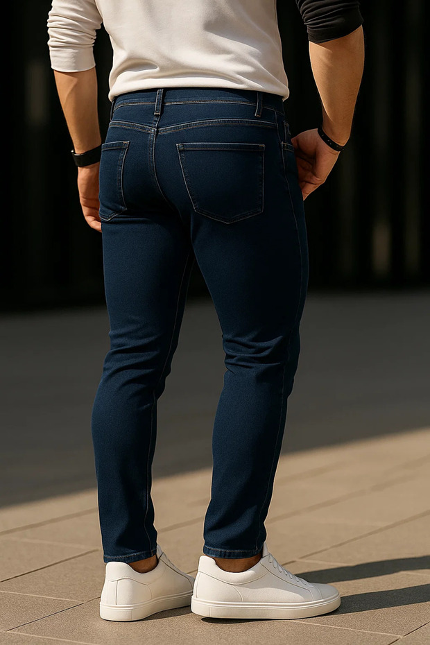 Erkek Pamuklu Basic Lacivert Jeans Pantolon - 6