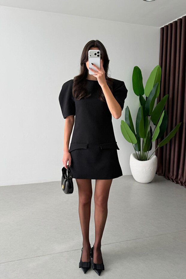 Folde Siyah Balon Kol Mini Elbise - 1