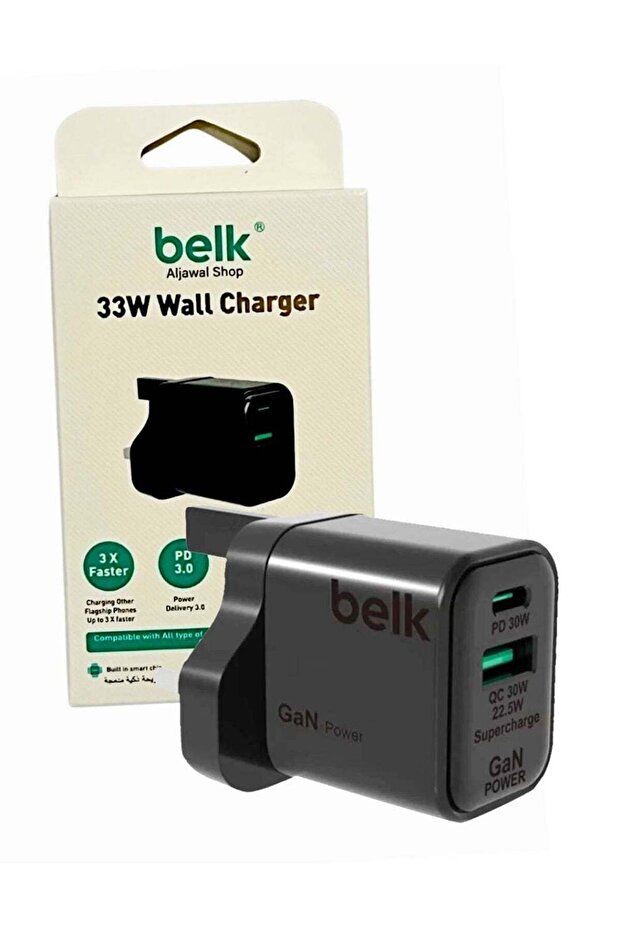 شاحن حائط GaN بقوة 33 وات، USB-C وUSB-A، PD 3.0، IC ذكي، شحن سريع