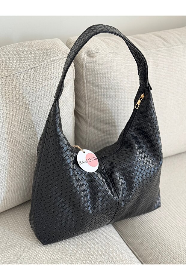 Plain Leather Detail Black Women's Shoulder Bag En40 Boy27