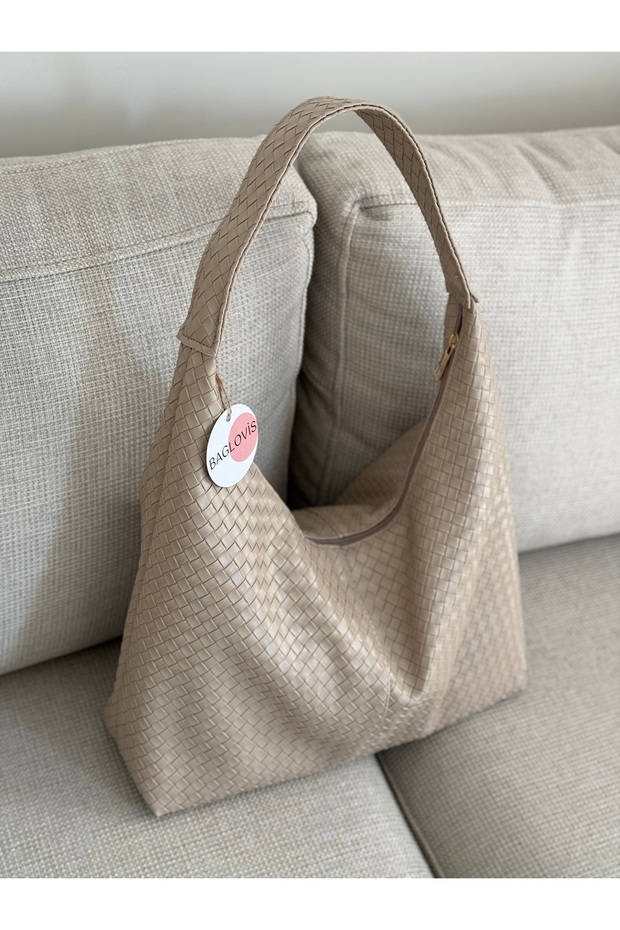 PLAIN LOOSE KNIT LEATHER DETAIL Taupe WOMEN'S SHOULDER BAG WIDTH40 LENGTH27
