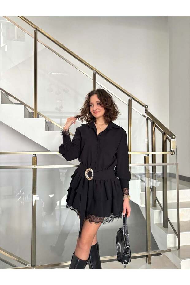 Black Dress with Ruffled Hem and Sleeves and Belted Waist
