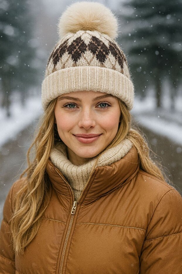 Beige Patterned Pompom Women's Beret