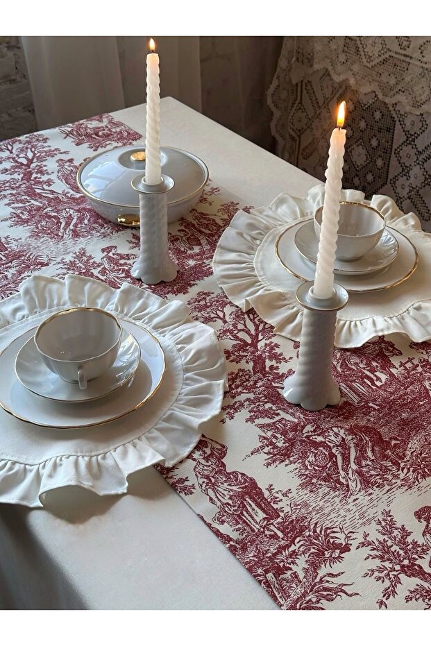 مفرش طاولة من الكتان المزخرف باللون الأحمر (40×140 سم) - 1