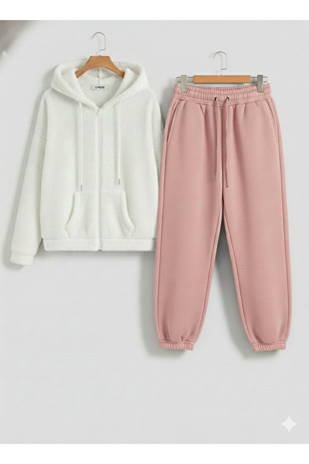 Unisex Oversized Full Zip Plush Tracksuit Set | Hooded Plush & Sweatpants