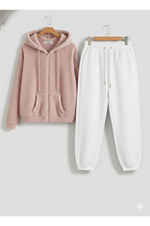 Unisex Oversized Full Zip Plush Tracksuit Set | Hooded Plush & Sweatpants