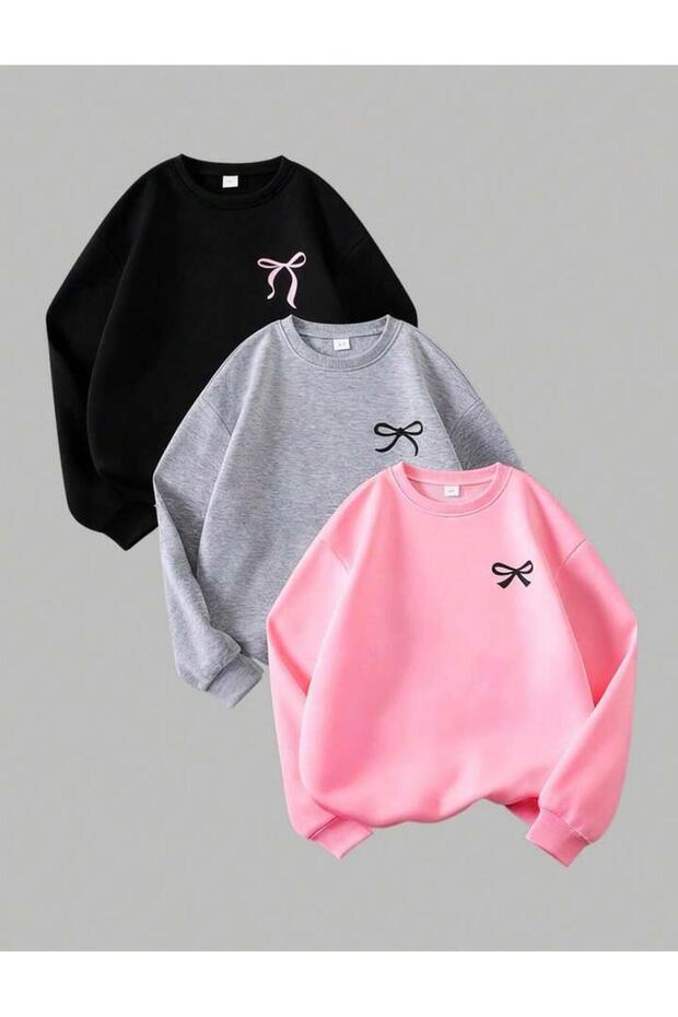 Girls' Circular Neck Mini Ribbon Printed Triple Sweatshirt