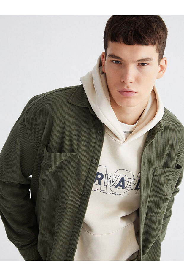 Khaki regular fit long sleeve velvet shirt for men by plus-store