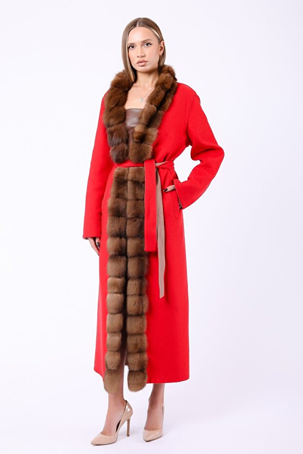 Genuine Alpaca Wool Coat with Red Natural Sable Fur Accessories