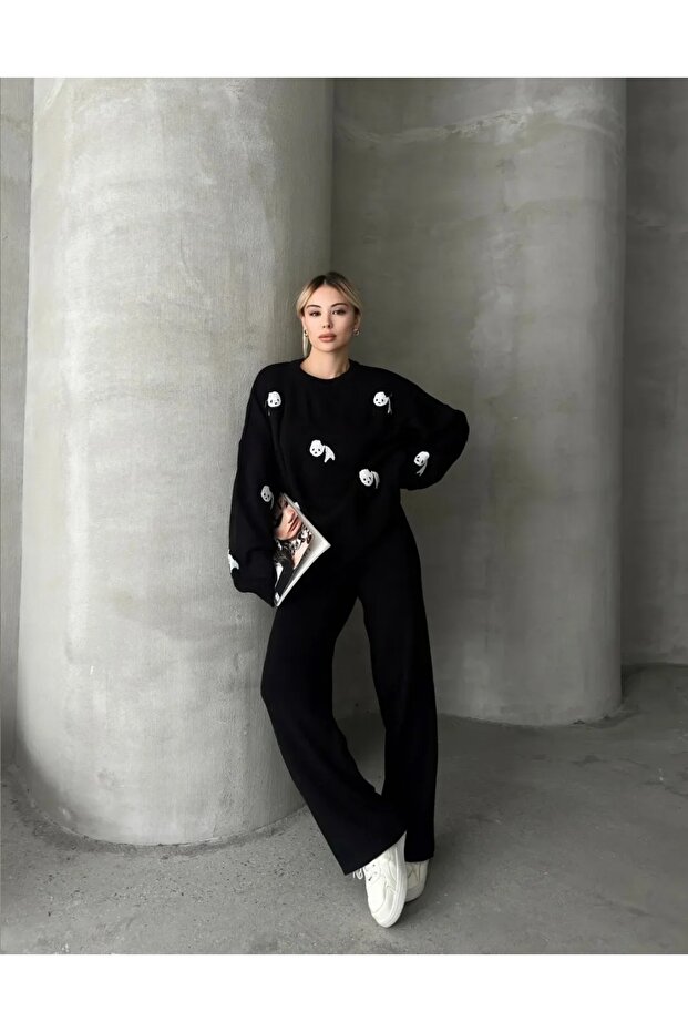 Premium Series Panda Patterned Sweater Bottom Top Knitwear Set Double