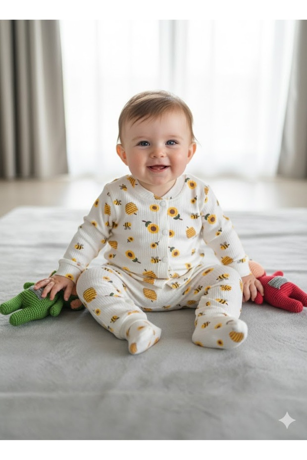 Baby Girl Boy 100% Cotton Pajama Set Soft Ribbed Snap Fasteners 0-9 Months Bee Themed