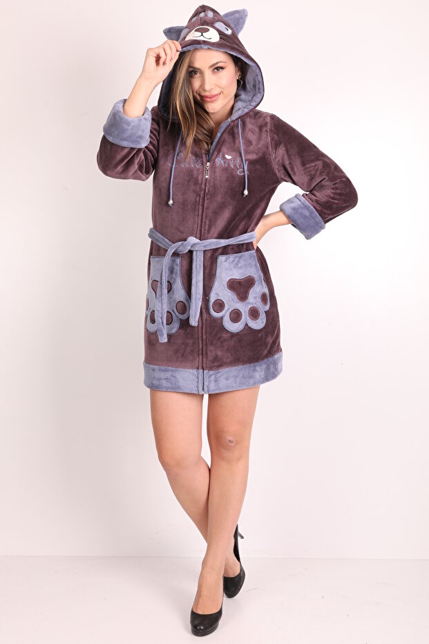Women's Hooded Embroidered Zippered Bamboo Short Dressing Gown