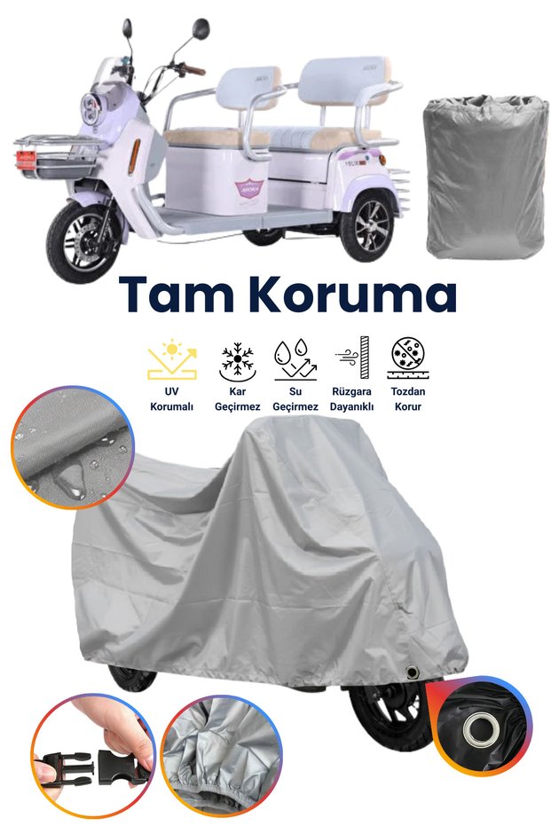 Gray Lock Compatible Double Seat 2 Person Electric Motorcycle Tarpaulin, 3 Wheel Moped Tarpaulin