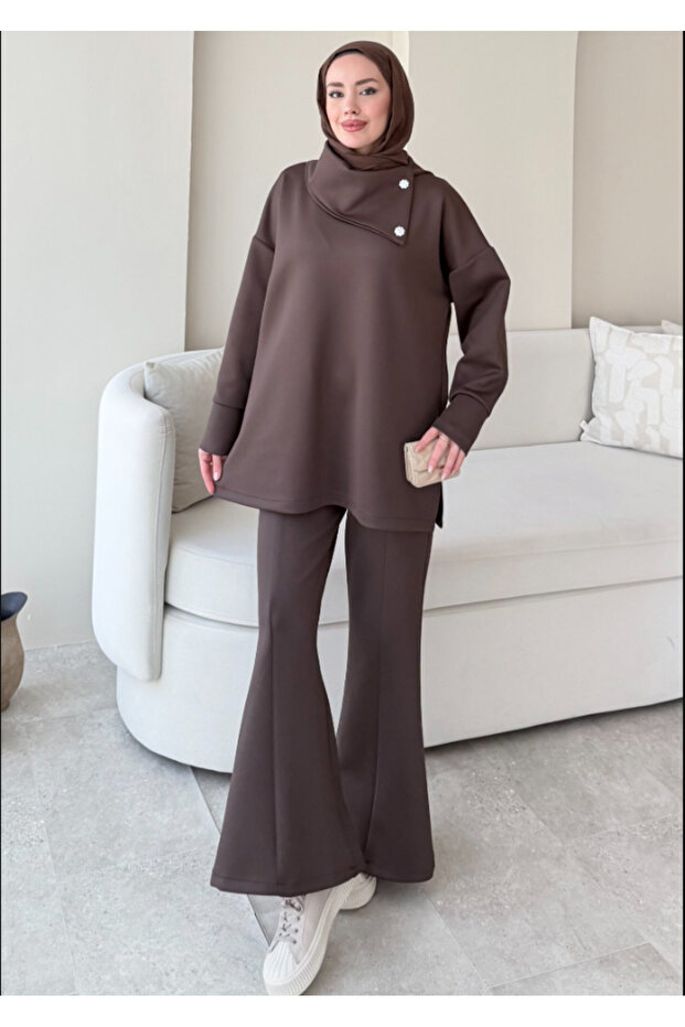 Women's High-Waisted Buttoned Scuba Pants Hijab Suit