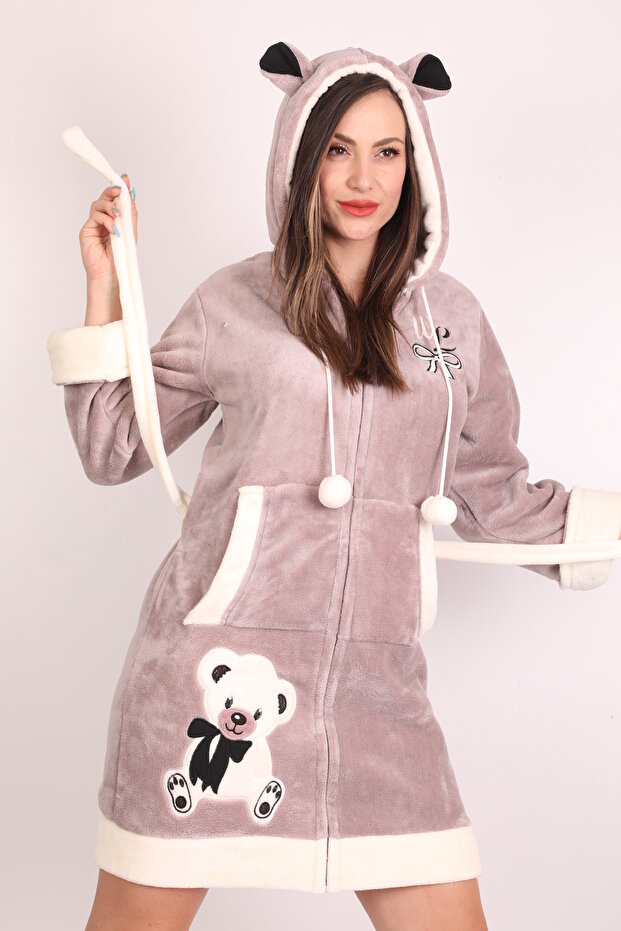 Women's Hooded Embroidered Zip-Up Short Robe