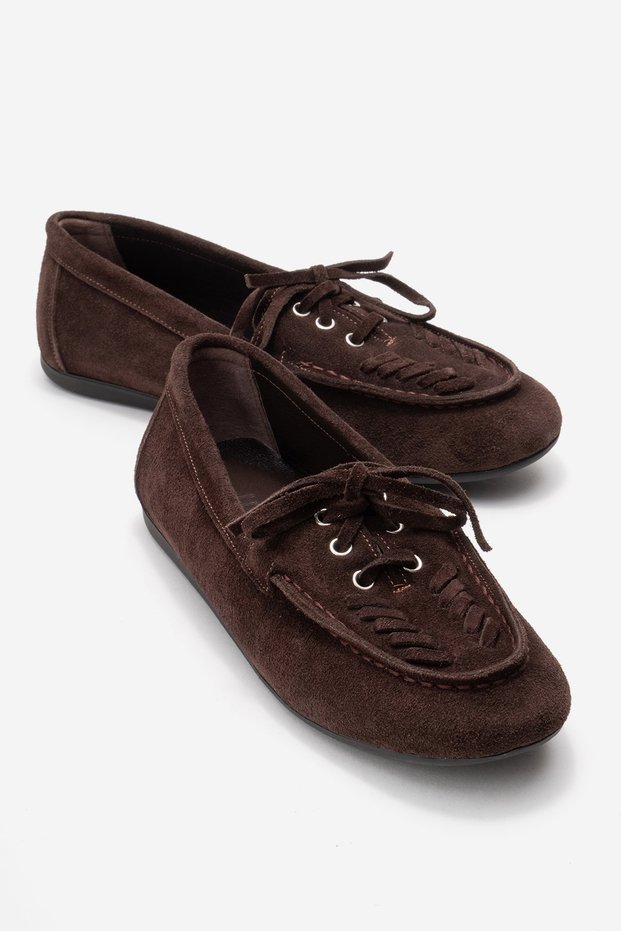 Lorven Brown Suede Genuine Leather Lace-Up Women Loafer Shoes
