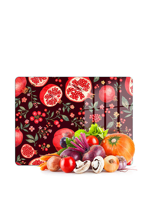 لوح تقطيع زجاجي ووعاء تقديم بنقش الرمان 20 × 30 سم