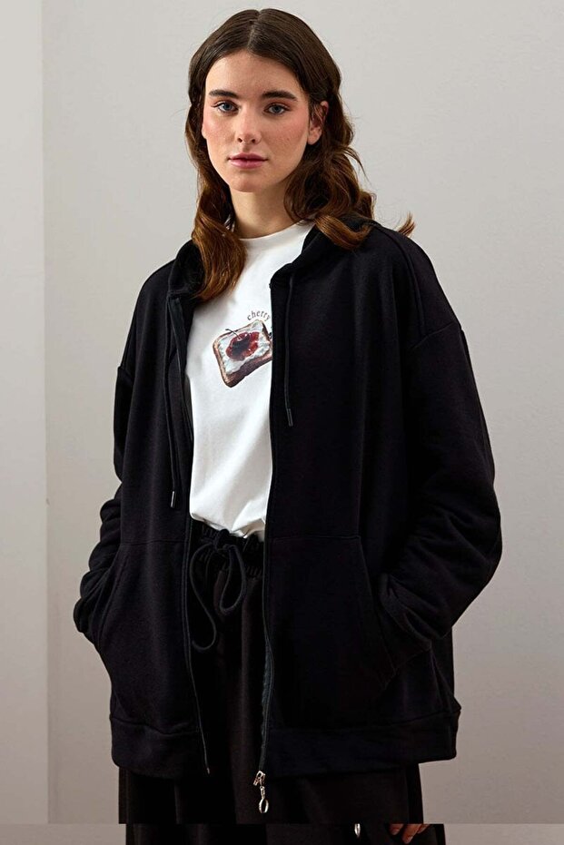 Siyah 3 İplik Basic Hırka - 2