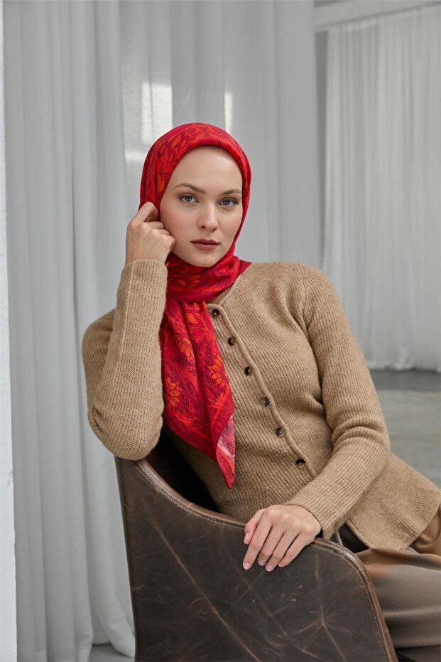 Viscose Velora Scarf Red Pomegranate Flower Patterned Tok Duruşlu Four Seasons 90X90
