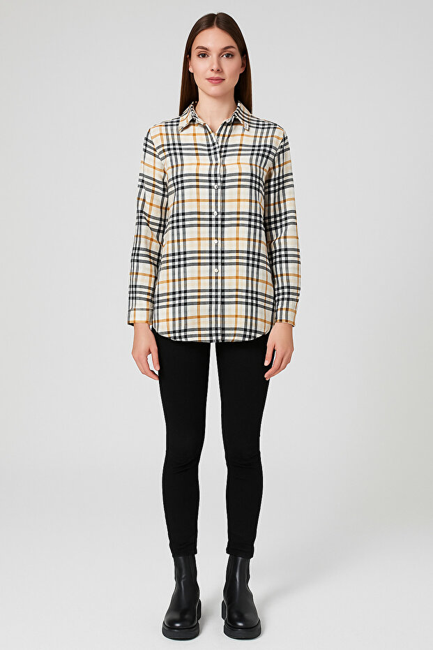 Women's Checkered Viscose Shirt Black Yellow – Soft Textured Long Sleeve Oversized -