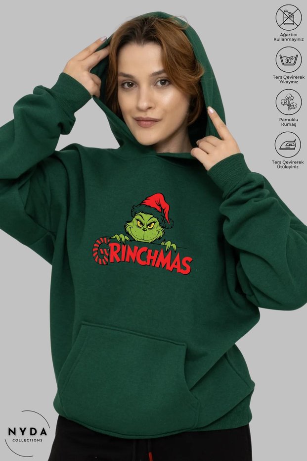 Unisex Hoodie Long Sleeve Grinchmas Printed Hooded Fleece-Lined Oversized Cotton Sweatshirt