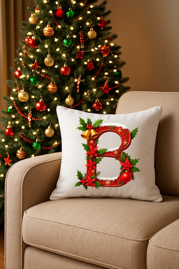 Digital Printed Red Letter B Decorative Throw Pillow Cover with Christmas Pine Decoration