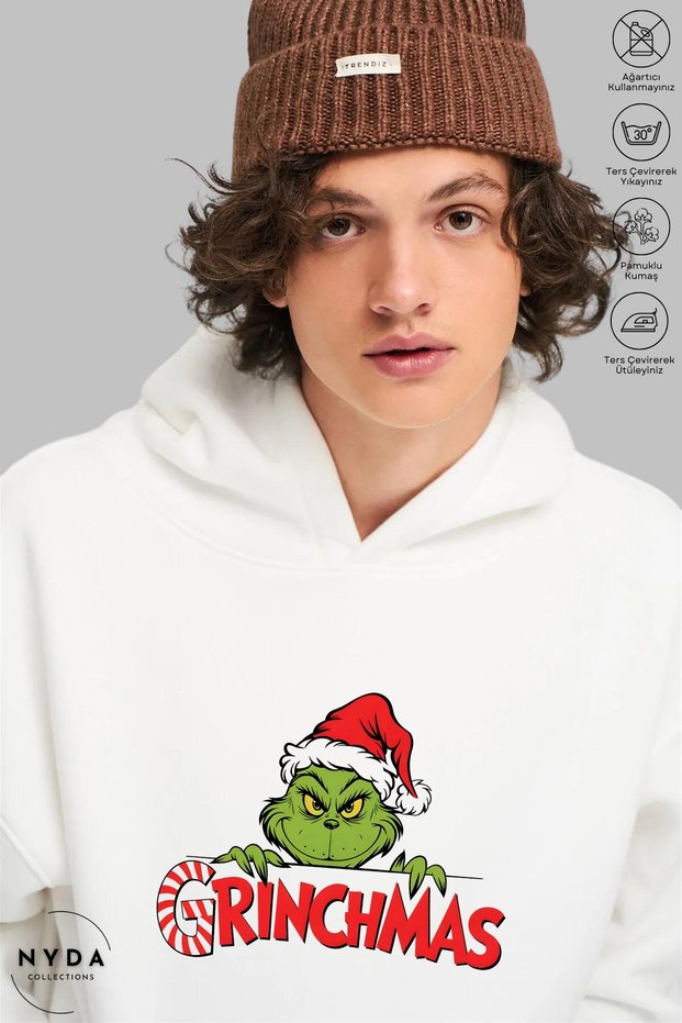 Unisex Hoodie Long Sleeve Grinchmas Printed Hooded Fleece-Lined Oversized Cotton Sweatshirt