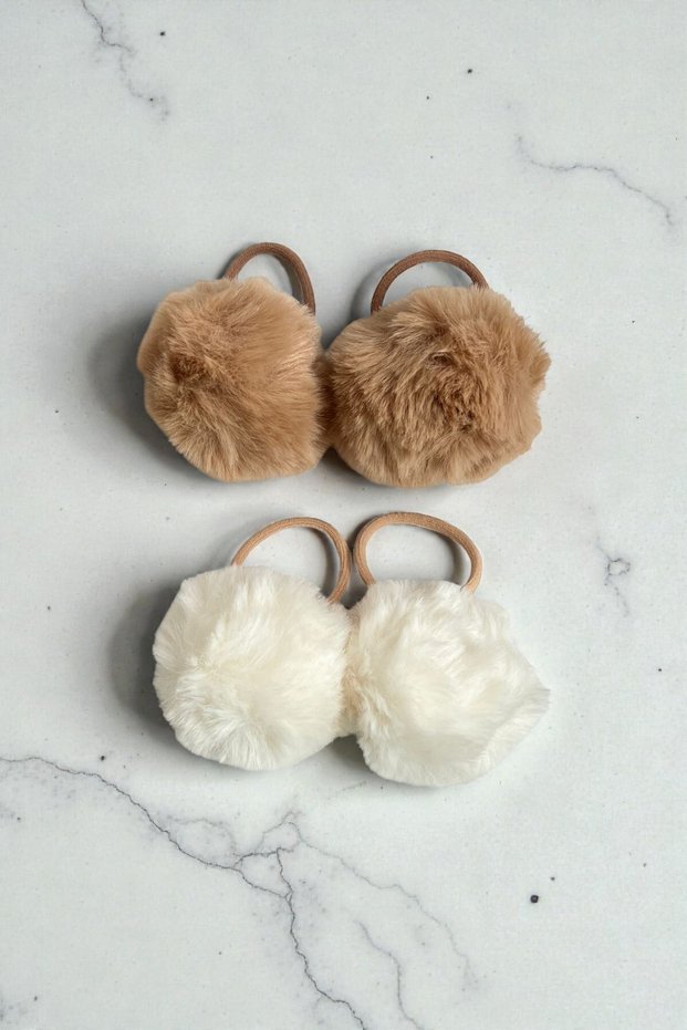 Pom pom elastic hair ties for kids - brown and beige 2-pack pom pom elastic hair ties, 2 pairs, 4 pieces